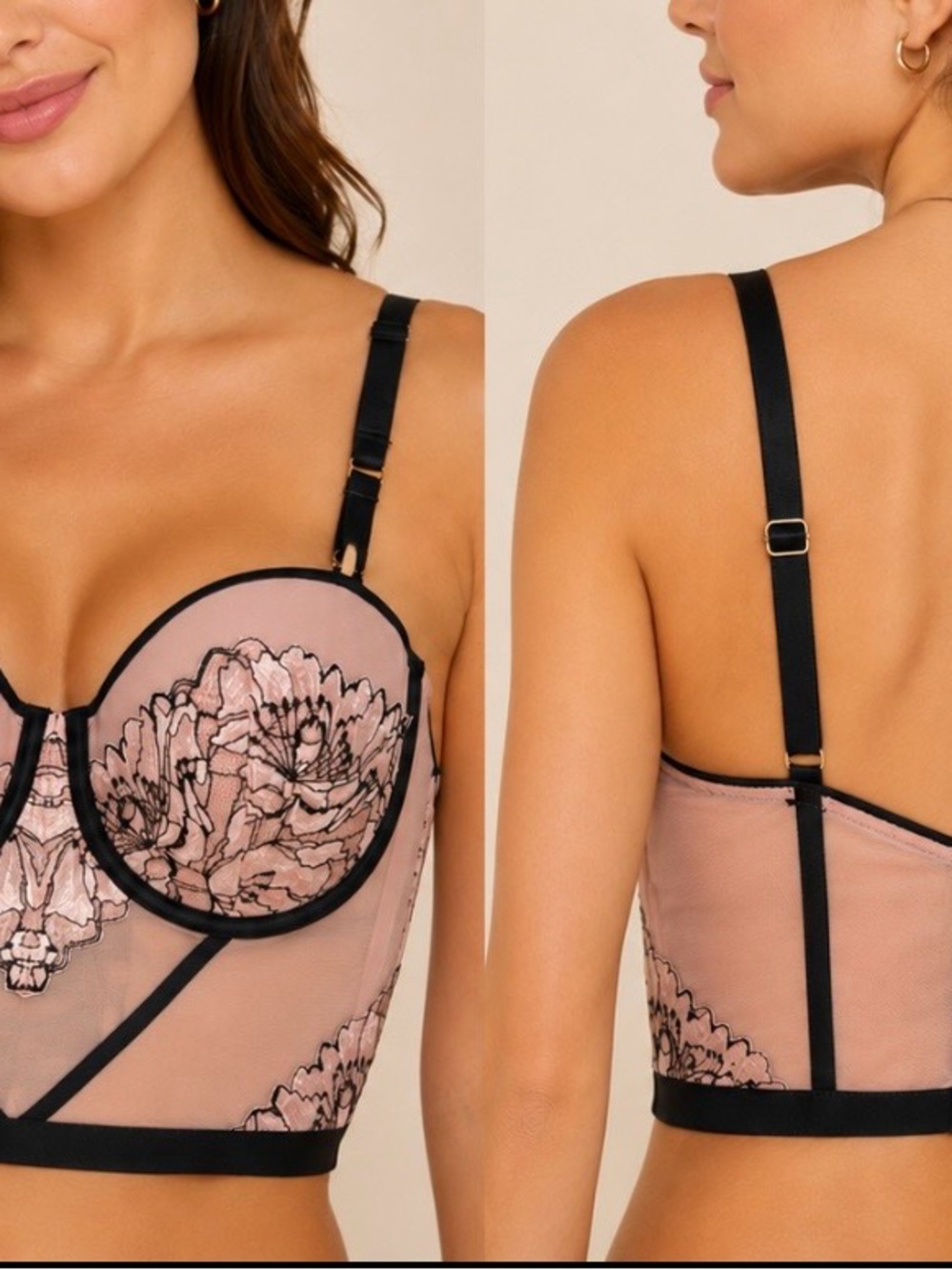 Auden Light Pink Longline Floral Lace Bra Lined Underwire Bustier Size Medium
